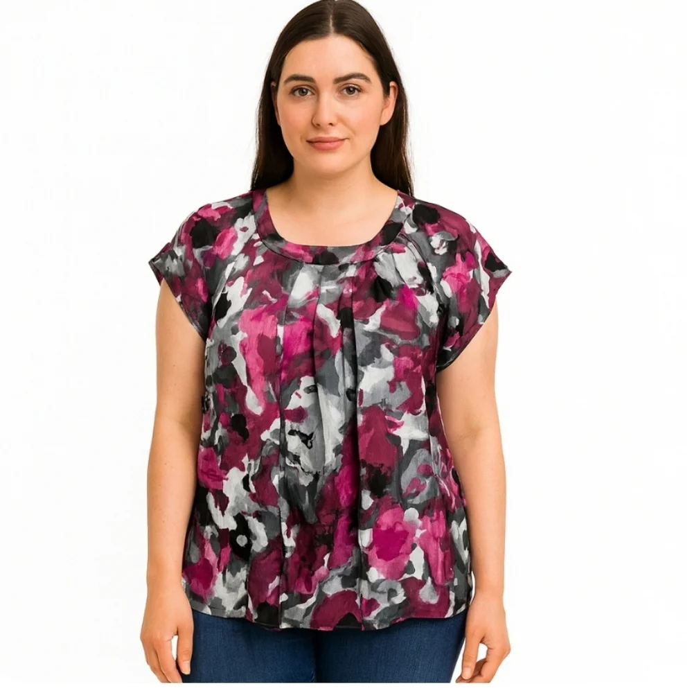 Signature by Larry Levine Pink Gray Floral Flowy Top Sz XL